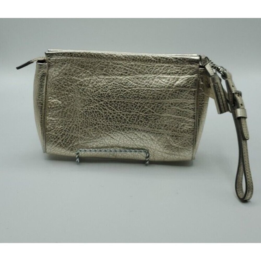 Coach Pebbled Gold Leather Small Zip Tassel Wristlet Removable Strap